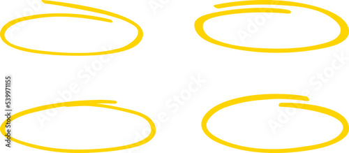 Yellow circle, pen draw set. Highlight hand drawing different circles isolated on background. Handwritten circle. For marking text, numbers, marker pen, pencil and text check, vector illustration