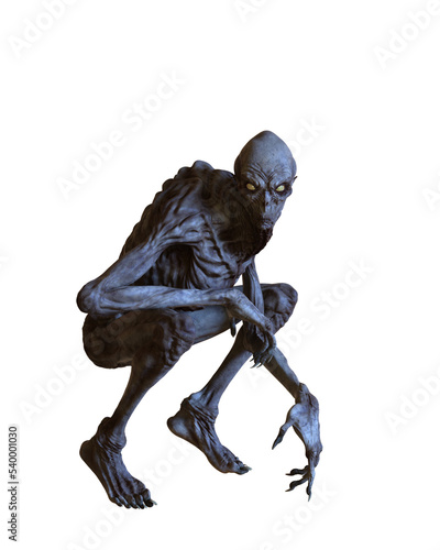 Boogeyman monster squating 3D illustration isolated on transparent background.