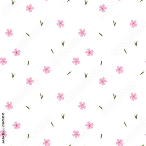 Pink seamless pattern with small flowers and leaves. 