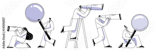 Characters with a telescope and a magnifying glass are looking for something. Vector illustration in a outline style on the topic of searching for information from various sources.