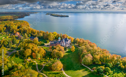 Aerial view of Wiligrad palace near Schwerin (Germany) in golden autumn light