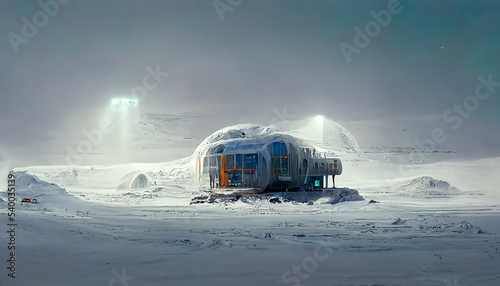 Lonely shuttle frozen in ice as sci-fi research station illustration design