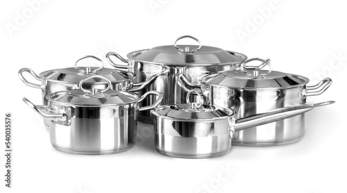 Set of Cooking silver pans isolated on white background