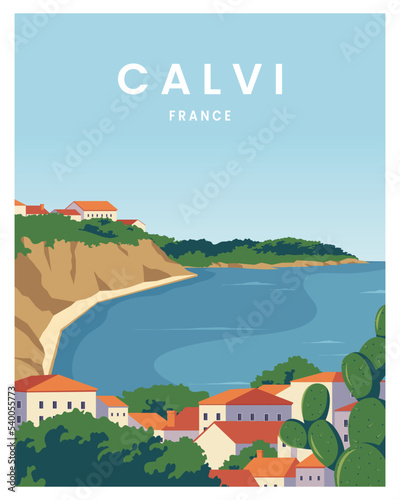 summer on calvi France. Poster Travel concept background. vector illustration with flat style.