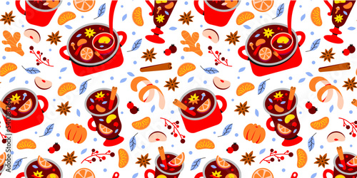 Christmas seamless pattern of hot winter drinks mulled wine, grog, punch or sangria. Wine in mugs and spices.