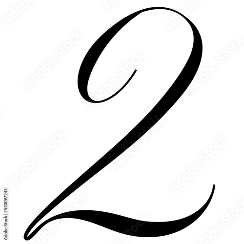 Hand drawn copperplate spenserian wedding lettering "2" number. Typography for wedding cards, scrapbooking and invitations