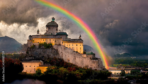 AI generated image of a rainbow over Salzburg castle, Austria 