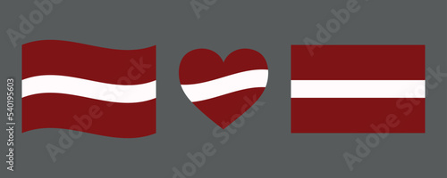 Latvian flag signs set. Latvian heart shape decorative element. Independence Day of Latvia. National symbols for Latvia holidays.