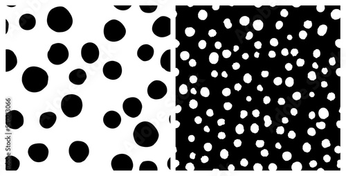 Set of irregular polka dot seamless repeat pattern. Bundle of random round geometrical shapes all over surface print in black and white.