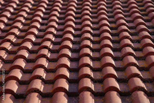 Tiles on the rooftop on the north side, visible nitre , saltpetre on the tiles.