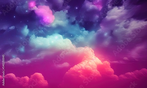 Abstract fantasy landscape. Cumulus neon clouds against night purple sky. Beautiful Natural wallpaper. 3D illustration.