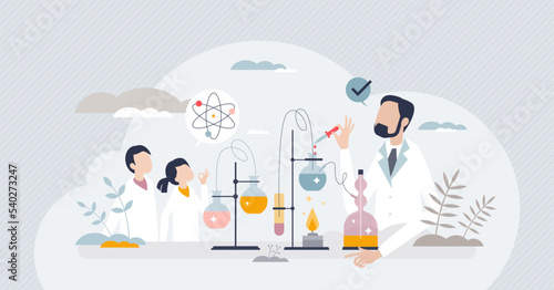 Science experiments with kids in children laboratory tiny person concept. Chemical education learning with chemistry equipment and liquid fluids test vector illustration. Fun scientific practice lab.