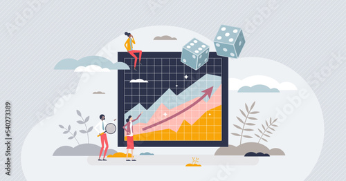 Learning probability and statistics with mathematical data tiny person concept. Information forecast and prediction graphic study to understand logic measurements and calculations vector illustration.