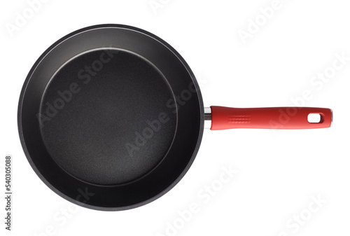 A frying pan with a red handle. Isolated object on a transparent background. view from above