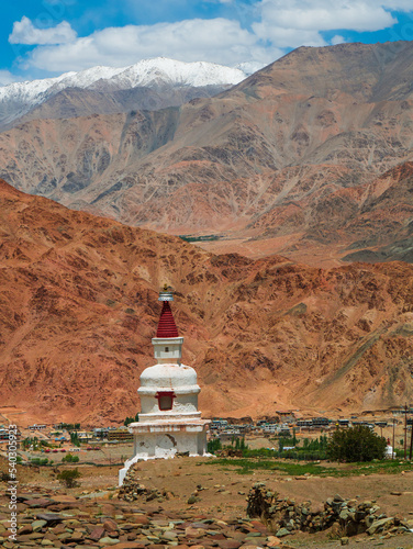 Buddhist Stupa with beautiful mountain range of Ladakh