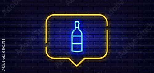 Neon light speech bubble. Wine bottle line icon. Merlot or Cabernet Sauvignon sign. Neon light background. Wine bottle glow line. Brick wall banner. Vector