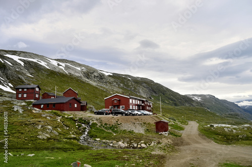 Jotunheimen, Norway - Red wooden houses in the mountains for tourist accommodation.