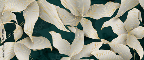 Dark green art background with white exotic flowers in gold line art style. Hand drawn botanical banner for decor, print, wallpaper, textile, interior design.