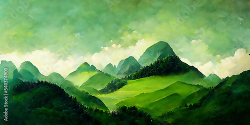 beautiful landscape of green mountains and fields, 3D Illustration