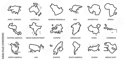 World Regions related, square line vector icon set for applications and website development
