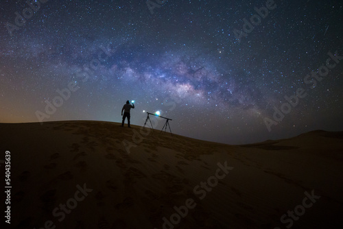 Photographer Camping in the sand dune desert with milky way star of Abu Dhabi, UAE.