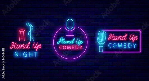 Stand up comedy neon signboards pack. Comic show labels collection. Light signs set. Vector stock illustration