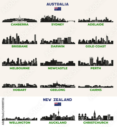 Australian and New Zealand cities skylines silhouettes vector set