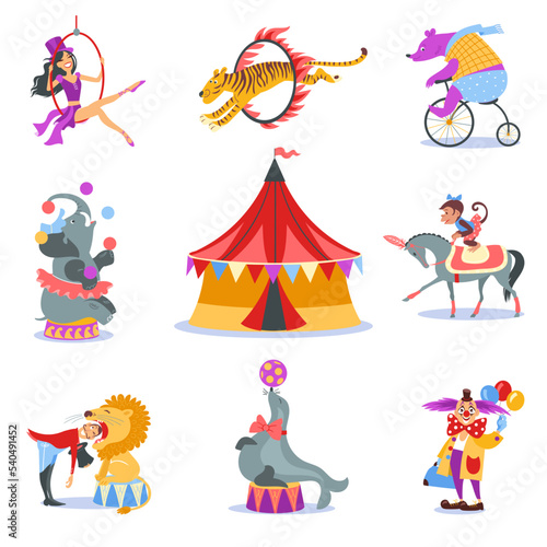 Cartoon circus animals. Trained seal and horse. Bear on unicycle. Tiger jumping over ring. Show artists in costumes. Trainer with lion. Gymnast and clown tricks. Splendid vector set