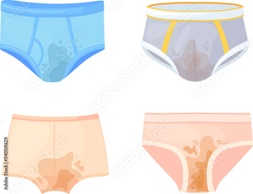 Dirty underwear. Mens and womens underpants with urinal stains, wet panties dirt hygiene shorts stinky pants mud bikini untidy undergarment woman pooping, neat vector illustration