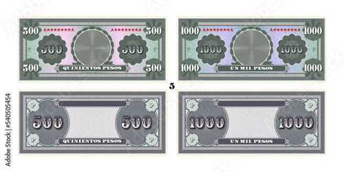 Vector set of obverse and reverse, paper gaming banknotes. Five hundred and one thousand pesos are written in Spanish. Sample bills. Empty circle, vintage guilloche frames and grids. Part 5