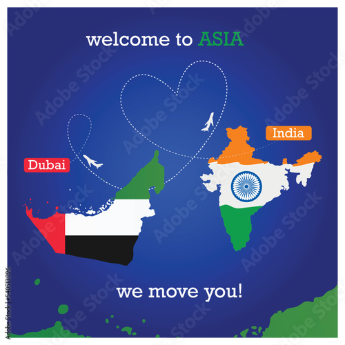 Dubai to India travel greeting card. vector illustration.