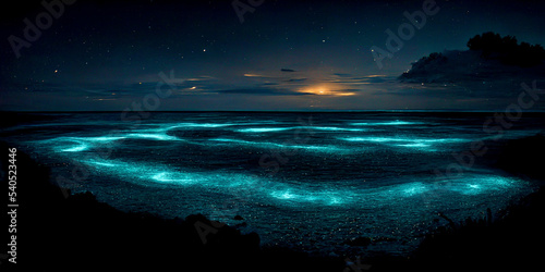 Bioluminescence. Bio luminescent ocean. Bioluminescent plankton in the sea