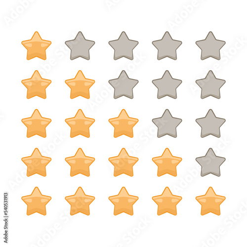 Ocena produktu lub recenzja klienta. Złote gwiazdki - żółte ikony wektorowe dla aplikacji i stron internetowych. Ranking, feedback, doświadczenie użytkownika, poziom satysfakcji klienta.