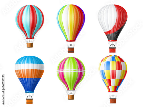 Realistic airship. 3d isolated hot air balloons with baskets, multicolor sky transport, inflatable fly aerial objects with colorful patterns, vintage aviation, flying vehicles utter vector set