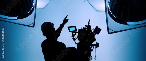 Video or film production studio used in shooting videography or photography and photo sets. Professional movie camera and film crew team making film scenes for cinema TV or online advertising works.