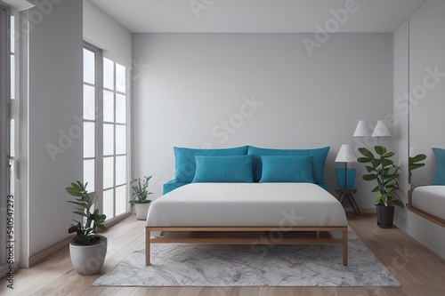 Home interior wall mock up with unmade bed, plaid,cushions and plant in white bedroom. 3D rendering.