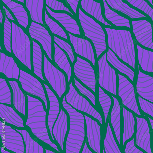 Geometric seamless pattern with intersecting lines similar striped plant leaves.Modern stylish abstract texture in lilac green.Doodle ornament with stylized leaves.For fabric,textile,home decor,card