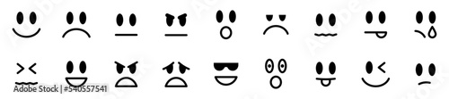 Conjunto de caras con expresiones faciales. Emoticones. Cara feliz, triste, enojado, sorprendido. Ilustración vectorial
