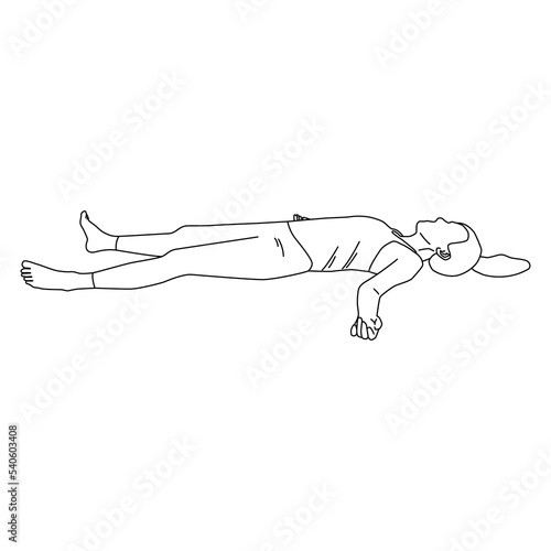 Line art of woman doing Yoga in Savasana pose vector. Girl lying on the floor for cool down her body.