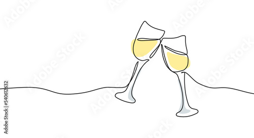 Continuous one line drawing of glasses of champagne with abstract shapes. Concept of cheers, toast, holiday in line art style. Png illustration
