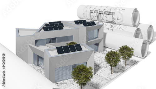 Bauplanung an einem energieeffizienten öffentlischen Gebäude mit Solarmoulen - 3D Visualisierung