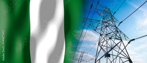 Nigeria - country flag and electricity pylons - 3D illustration