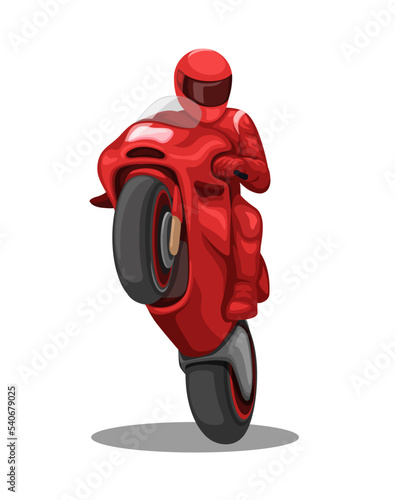 Motorbike rider in red team wheelie pose. racing competition cartoon illustration vector