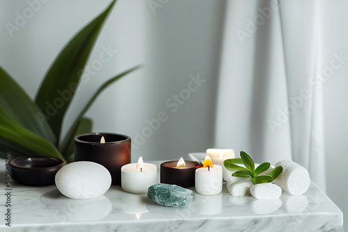 spa massage aromatherapy wellness accessories, stones, candles, oils, plants