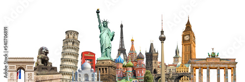 World landmarks and famous monuments photo collage isolated on panoramic transparent background, international travel, study and business, png file