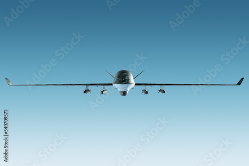 A military combat drone UAV is on duty in the sky. Modern aircraft, army of the future, reconnaissance, military drone, war of the future. 3D illustration, 3D render.