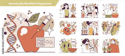 Genetic modificated organism or GMO set. Biotechnology, food improvement