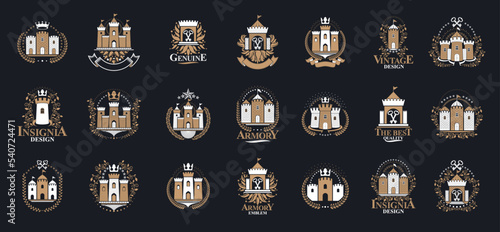 Fortresses emblems vector emblems big set, castles heraldic design elements collection, classic style heraldry architecture symbols, antique forts and citadels.