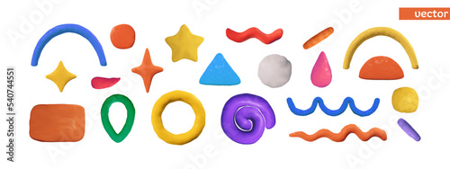 Vector set of textured plasticine shapes for templates design. Colorful clay objects in 3d style.