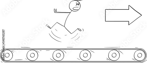 Person Running Against Conveyor Belt or Inevitable Future, Vector Cartoon Stick Figure Illustration